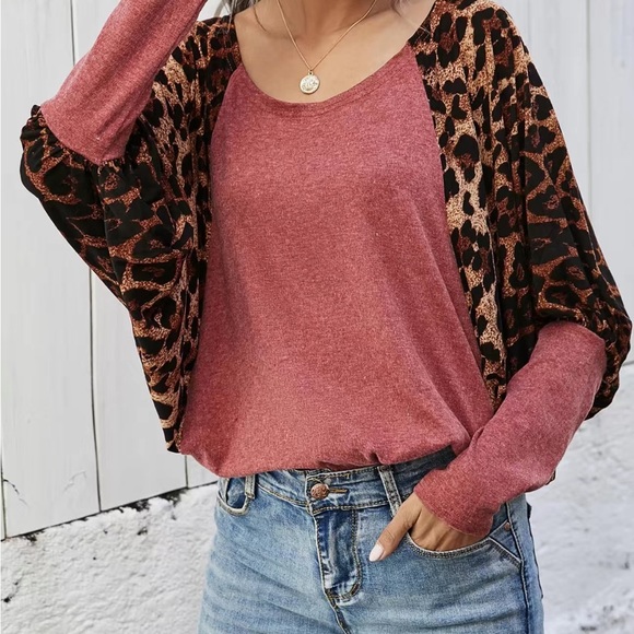 Casual Batwing Sleeve Drop Shoulder Leopard Print T-Shirts Women's Clothing - Picture 3 of 6